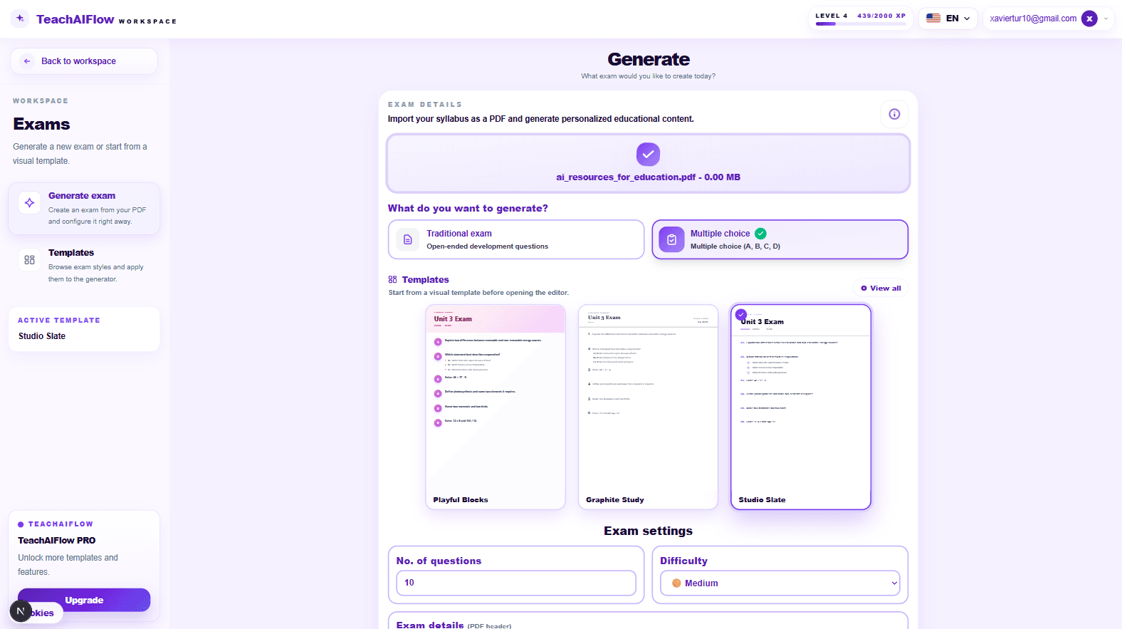 TeachAIFlow AI exam generator: describe the assessment and generate the exam